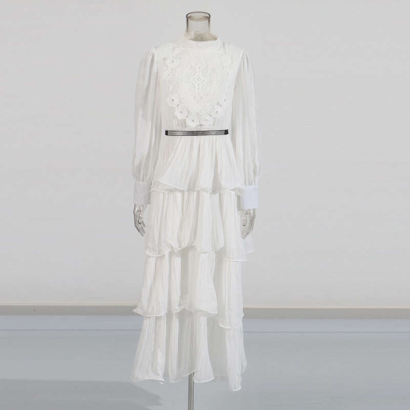 Designer Stylish Women's Long Dress with Ruffles, Lace Work, and Stand-Up Collar Perfect Fit and Comfortable Wear