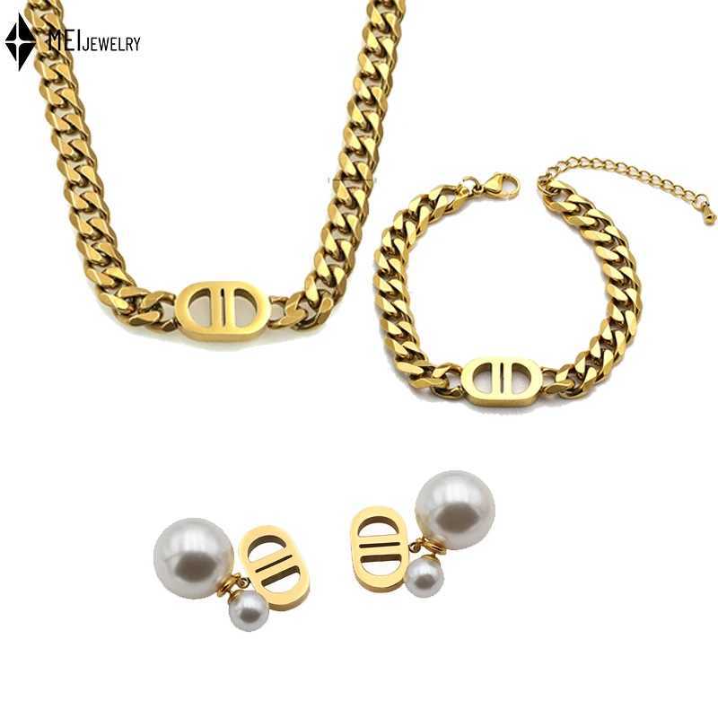 Hip Hop TrenDY StainlESS Steel Cuban Chain Personality Double D Necklace Earrings Jewelry Set Does Not Fade K251114