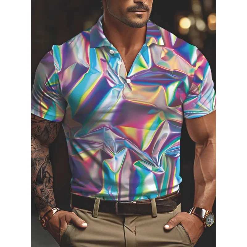 3D printed color geometric polo shirt mens luxury texture pattern T-shirt casual lapel top loose short sleeved street T-shirt W250414