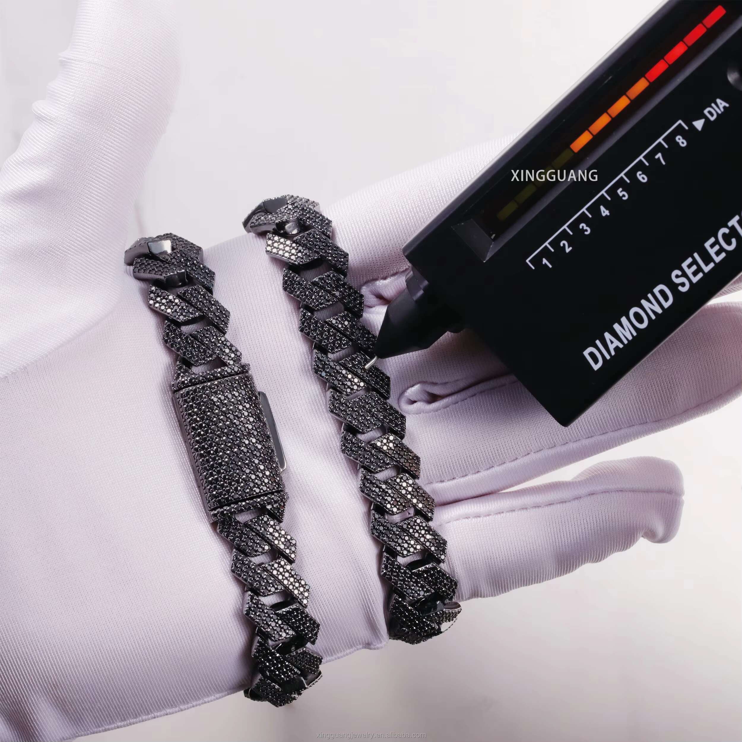 Mystic Black Diamond 15MM 3Rows Black Gold Plated 925 Silver Pass Diamond Test VVS Moissanite Cuban Link Chain Bracelet Jewelry