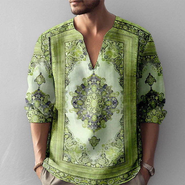 2025 Men's New Mid Sleeve Autumn Loose Ethnic Style Printed Casual T-shirt with Large V-neck