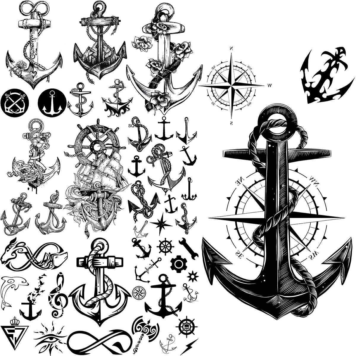 Anchor Compass Temporary Tattoos for Men Adults Realistic Infinity Flower Pirate Fake Tattoos Stickers Back Tattoos Hot SellingXJ25414