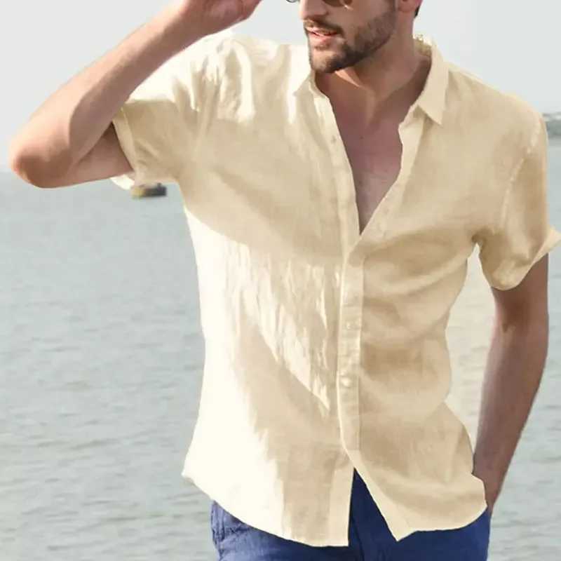 Mens casual short sleeved shirt streetwear lapel button solid color cotton linen shirt mens retro vacation shirt M-3XL W250414