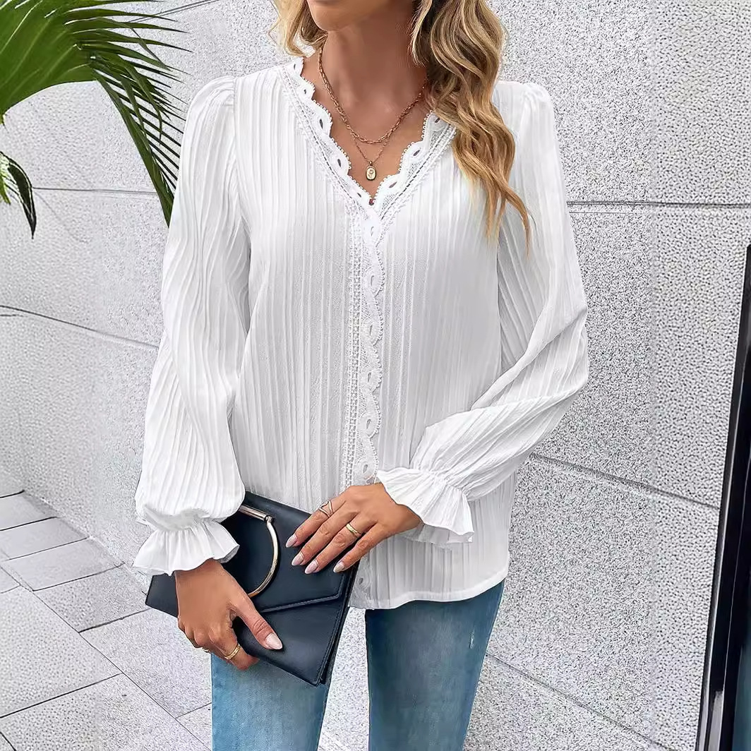 2025 Autumn Long sleeved V-neck Lace Panel Hollow out Women's Shirt