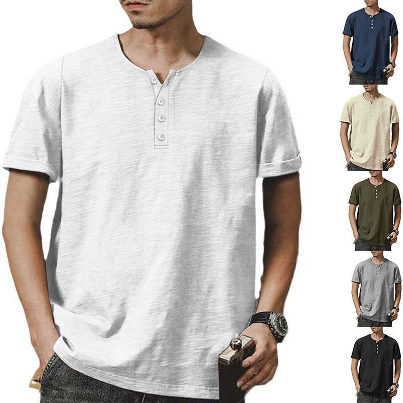 Bamboo cotton summer Henry shirt short sleeved casual American plus size solid color round neck men's T-shirt