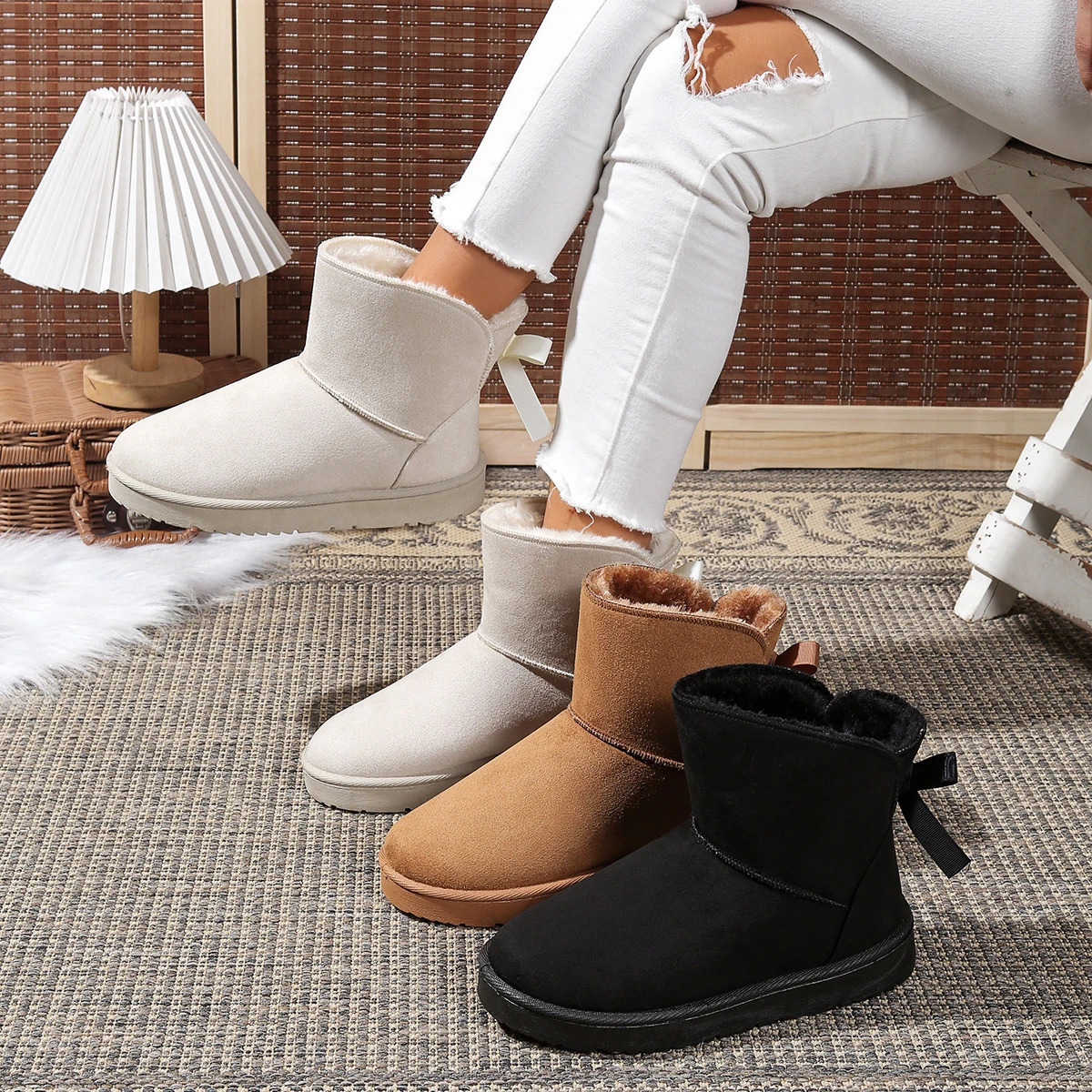Women Snow Boots Couples Ankle Boots Fashion Round Toe Bow Thick Plush Casual Comfortable Womens Boots 251113