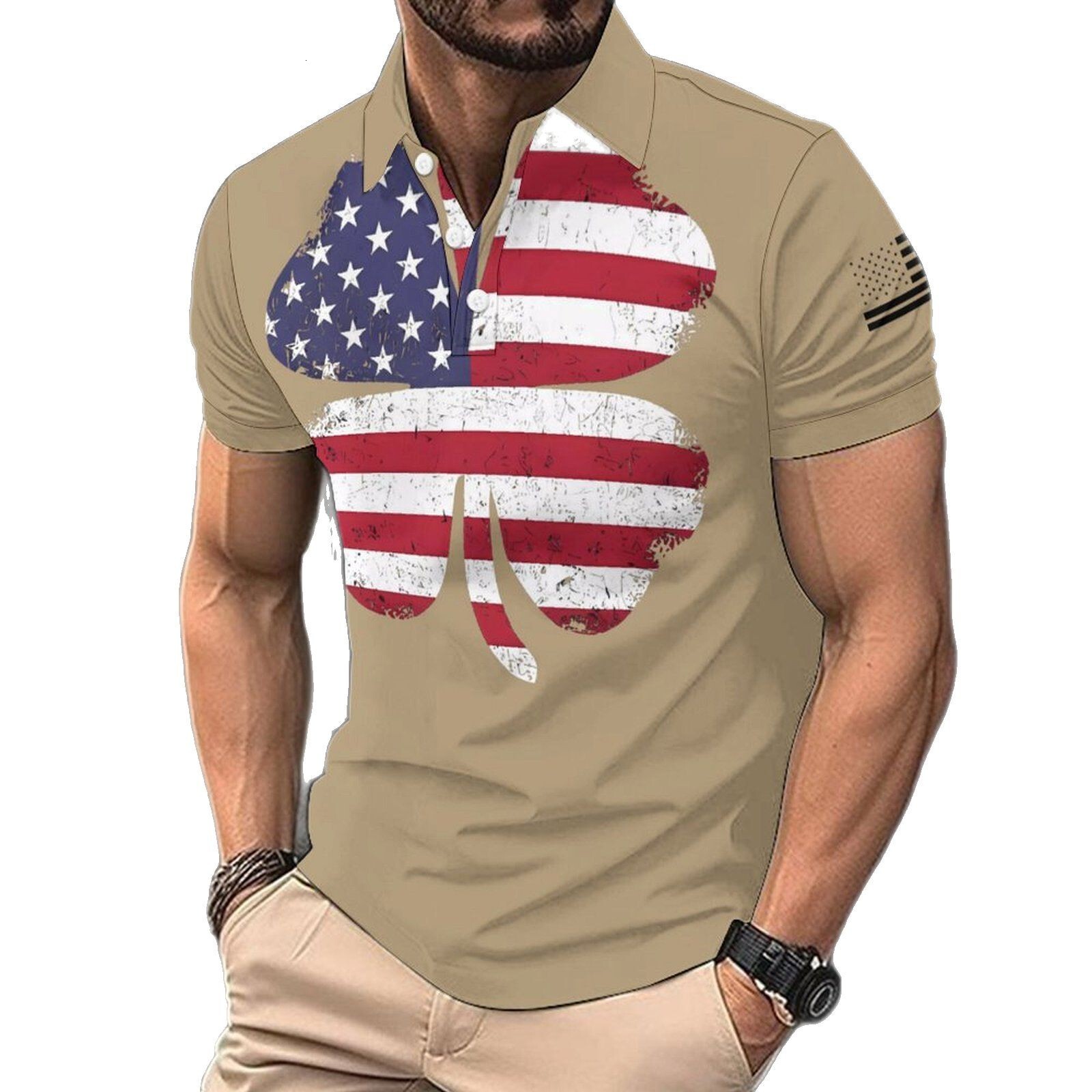 Digital printed button up collar t-shirt casual bird eye fabric top short sleeved men's polo shirt summer