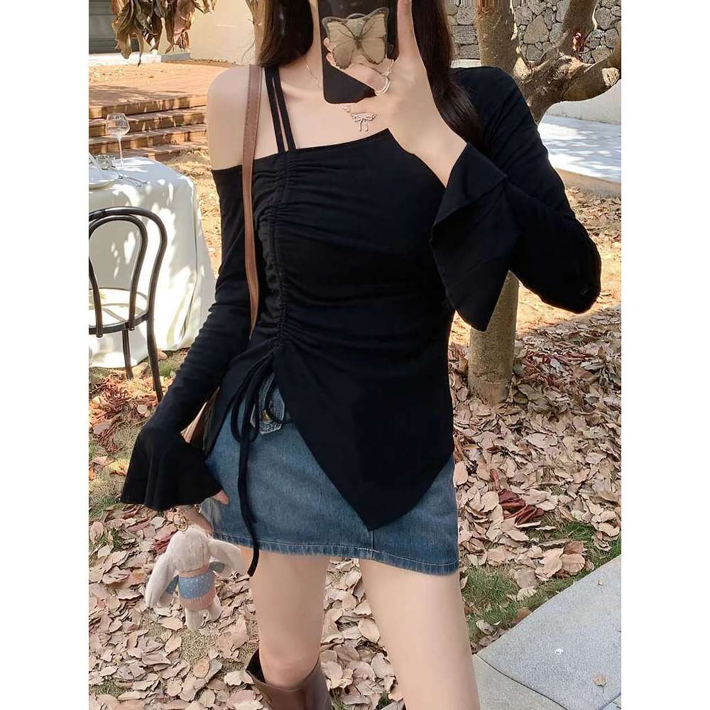 Sweet Sexy Drawstring Ribbon White Off Shoulder Top Women Basic Long Body T-Shirt Elegant Flare Sleeve Lady Tees