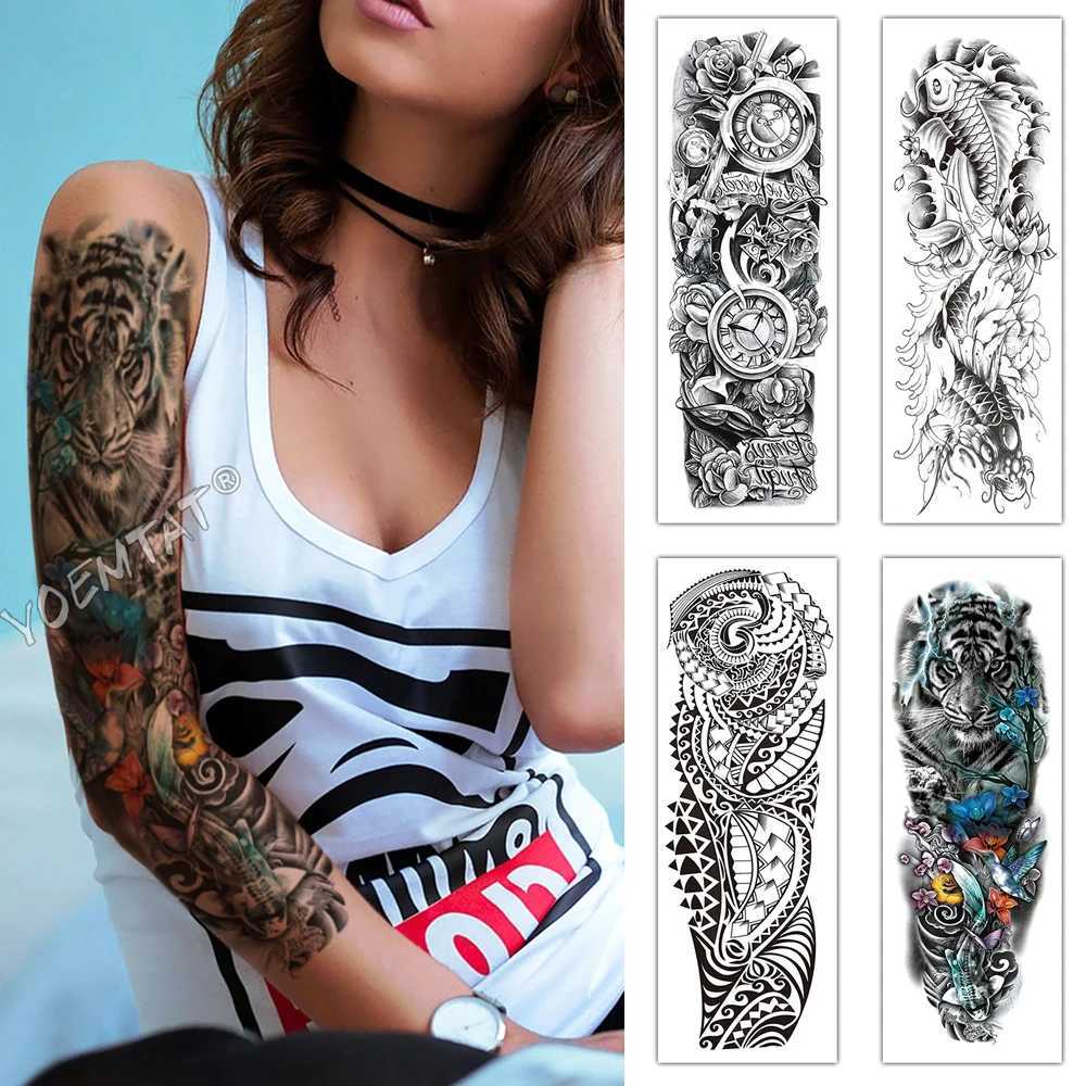 Large Full Sleeve Waterproof Temporary Tattoo Stickers Watch Rose Gothic Text Carpet Totem Fake Tattoo Body Art MenXJ25414