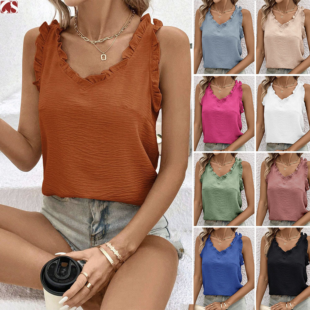 2025 top V-neck ruffled solid color women's sweet sleeveless vest
