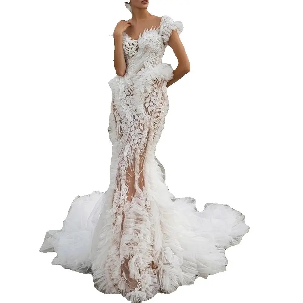 Sexy V Neck Mermaid Wedding Dresses Elegant Tiered Ruffles Gowns Short Sleeve Lace Robe De Mariee Customized