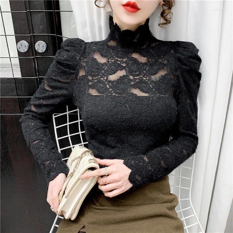 Women's Blouses 2025 Autumn Turtleneck Lace Blouse French Style Inner Wear Bubble Sleeves Temperament Long Sleeve Slim Fit Top