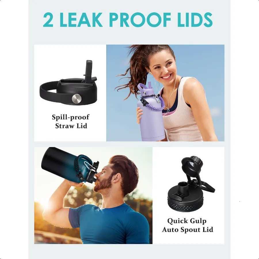 64 oz Insulated Water Bottle with Straw Auto Spout Lids Paracord Handle Half Gallon Waterbottle Strap Carrier Protective Boot W C251114