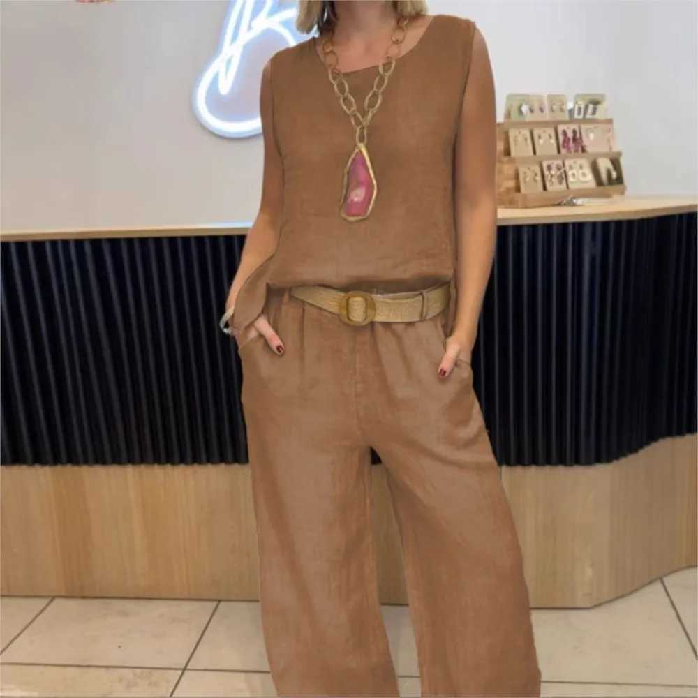 Fashion cotton linen velvet free O-neck womens T-shirt and pants 2-piece set Ele retro casual loose long leg pants Fe setXJ250414