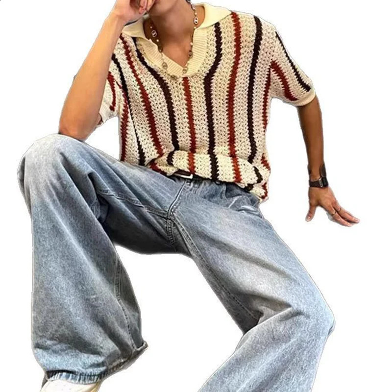 Streetwear Vintage Y2K Mens Tops Spring Summer Stylish Striped Hollow Out Polo Shirt For Men Casual Short Sleeve Lapel T Shirts 250411