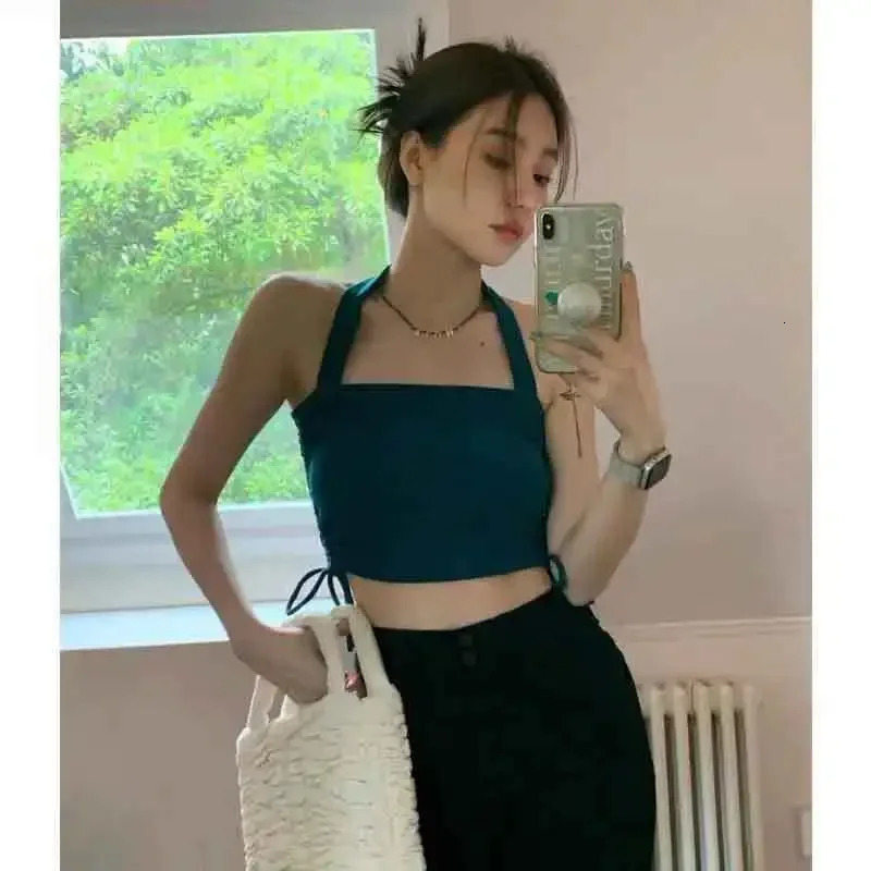 summer womens camisole neck vest crop slimming interior and exterior polyester fiber cross stitched top 250414Z