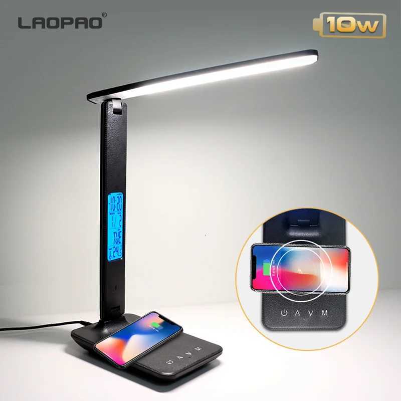 LAOPAO 10W QI Wireless Charging LED Desk Lamp With Calendar Temperature Alarm Clock Eye Protect Study Business Light Table Lamp M251114