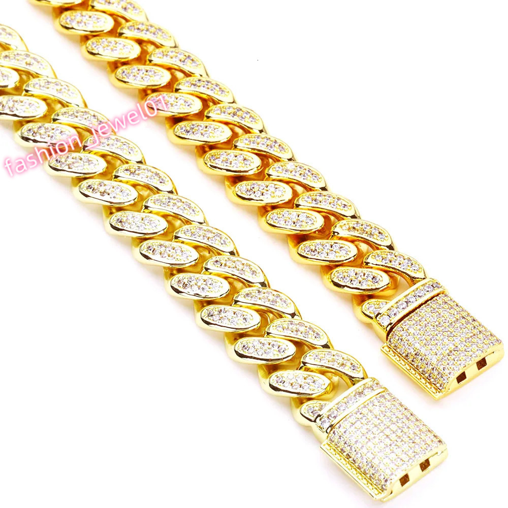 Hip Hop 14k Gold Plated Bling Iced Cuban Chain Jewelry Cadena Hombre 12mm 2 Rows Diamond 18k Gold Color Cuban Necklace