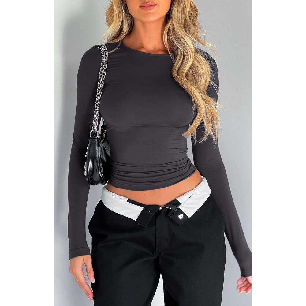Long Sleeve U Neck Crop Top Women Sexy Female Slim Tight Casual Summer Tee Clothes Streetwear Brown women clothing