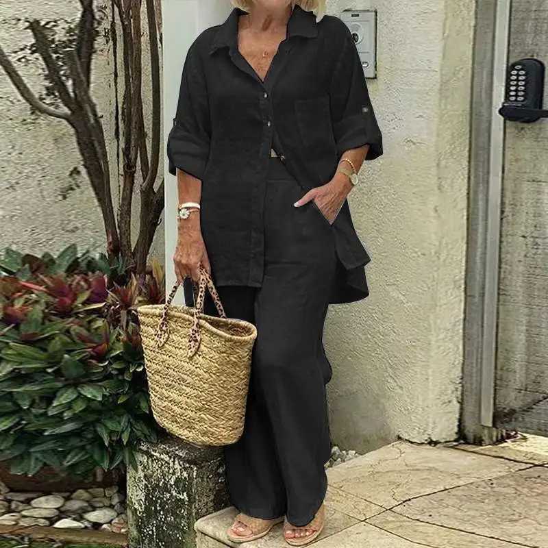 Summer Cotton Linen Leisure Home 2-piece Set for Women 2025 Fashion White Long Sve Shirt and Shorts 2-piece Set TracksuitXJ250414