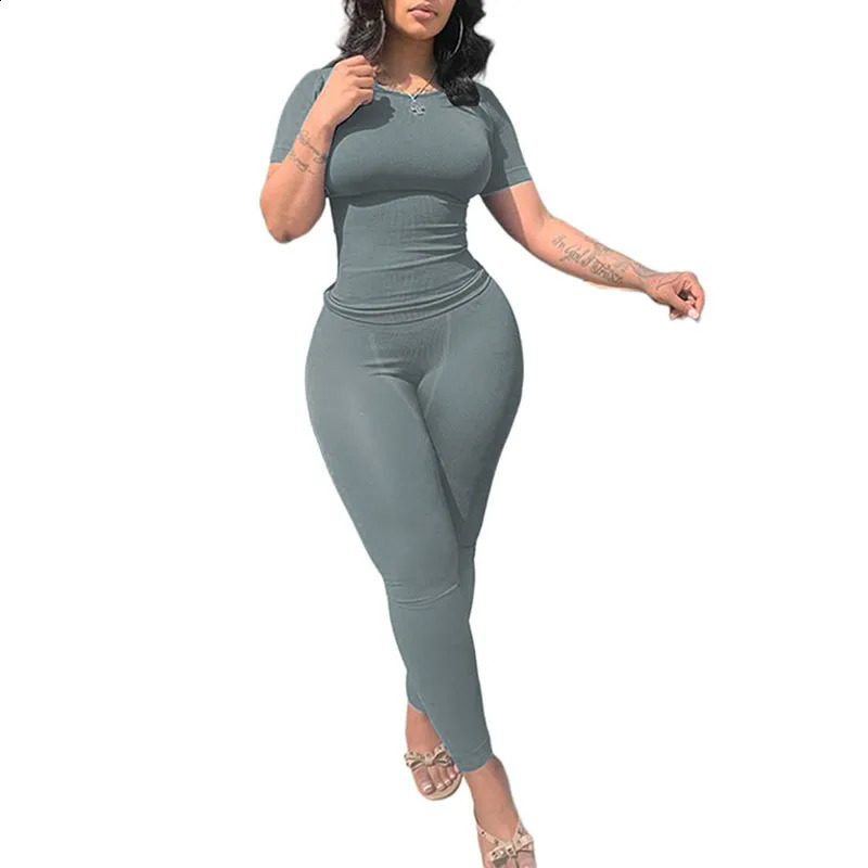 Lounge Wear Ribbed Casual 2 Piece Summer Shorts Set For Women Sleeve Top+Elastic Leggings Outfits 250414