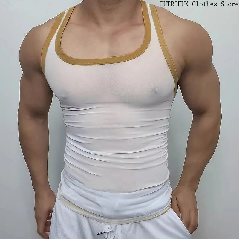 Sexy mesh see through ultra-thin mens vest summer sports and fitness tight fitting mens vest deep U-neck muscle mens vest 250414