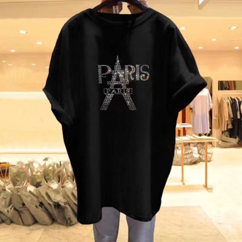 2025 Women's Designer T-shirt, Heavy Industry Hot Rolled Diamond Paris Tower Combed Cotton Short Sleeve T-shirt, White Women's Large Slim Fi