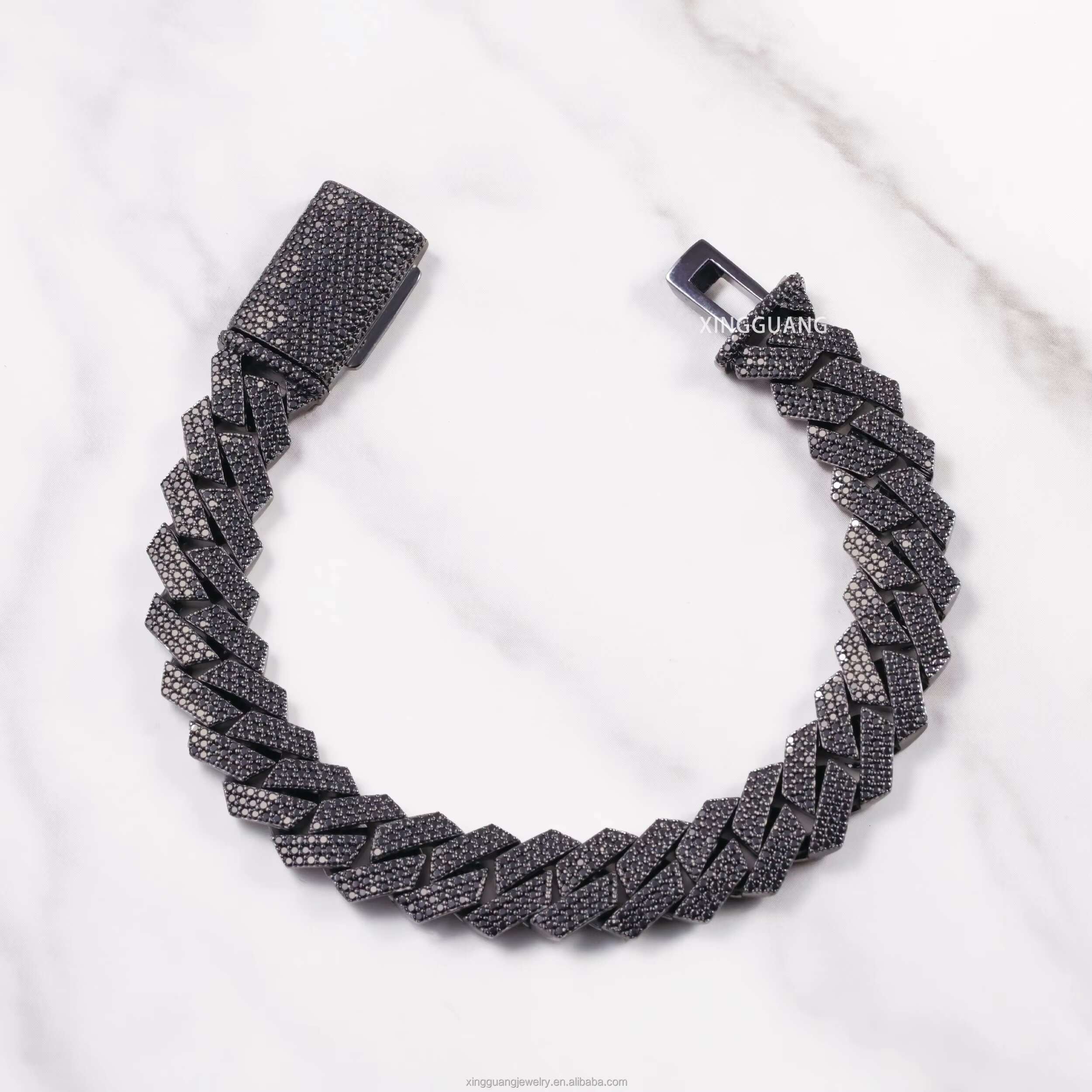 Mystic Black Diamond 15MM 3Rows Black Gold Plated 925 Silver Pass Diamond Test VVS Moissanite Cuban Link Chain Bracelet Jewelry
