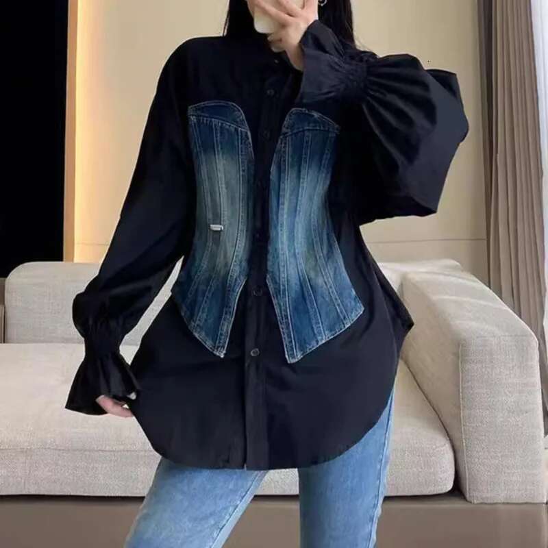 DEAT Fashion Women's Denim Patchwork Long Sleeves Blouse Waisted Single-Breasted Shirts Female Spring New Arrival 33A2149