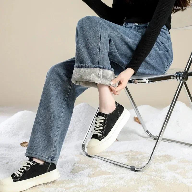 Women's Jeans Padded And Thickened Korean Female 2025 Winter Warm Outer Wear High Waist Drape Thin Straight Pants Women Z260313