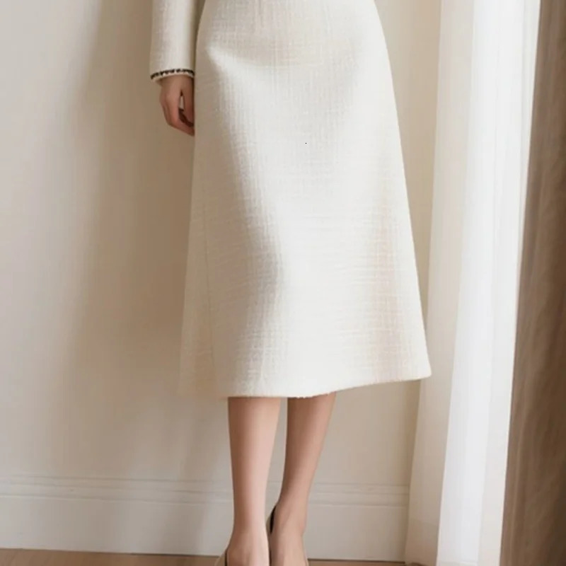 BAFU White Tweed Suit Womens Patchwork Pocket JacketElastic Waist Midi Skirt Autumn OL Elegant Party 2Piece Set 866P 251113