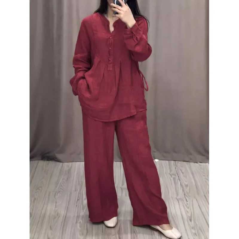 2024 Fashion and Comfortable Sve Cotton Linen Bell Bottom Casual Drstring Autumn Casual Skiing SetXJ250414