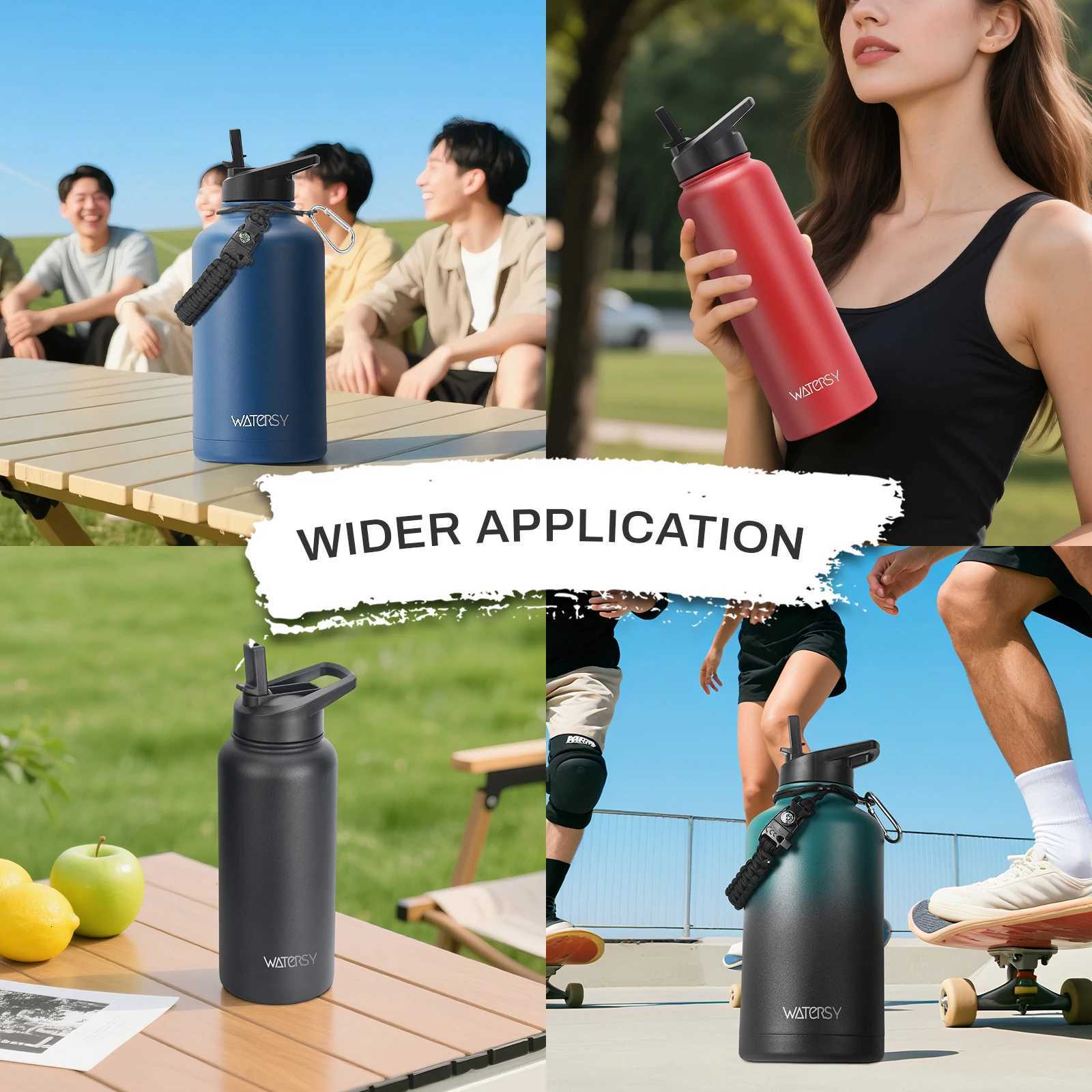 Watersy 32/40/64oz Insulated Water Bottle Large Capacity Stainless Steel Sports Vacuum Flasks with Handle Outdoor Travel Camping C251114