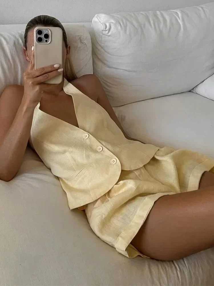 Ele Cotton Womens Wide Leg Shorts Set Sexy Backless V-neck Single Chest Strap Top 2025 Summer Womens Casual SetXJ250414