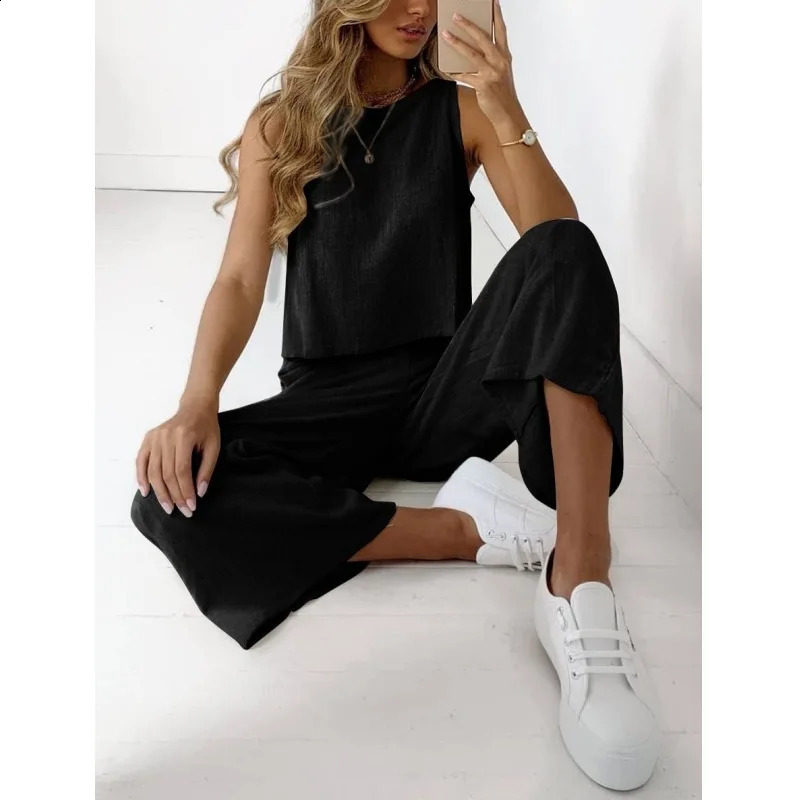 Simple Cotton Linen Womens Suits Summer Fashion Sleeveless Loose Blouse Wide Leg Pants Two Piece Set For Women Casual Outfits 250414