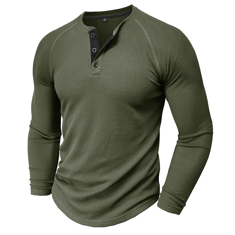 Mens Waffle Henley collar pullover long sleeved T-shirt solid color texture base shirt