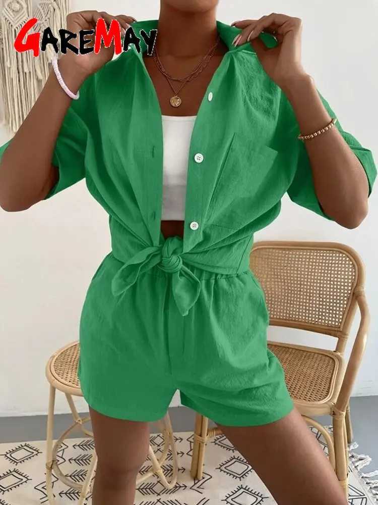 Womens cotton set shorts Sve casual Ele Green Soild two-piece set womens set womens setXJ250414