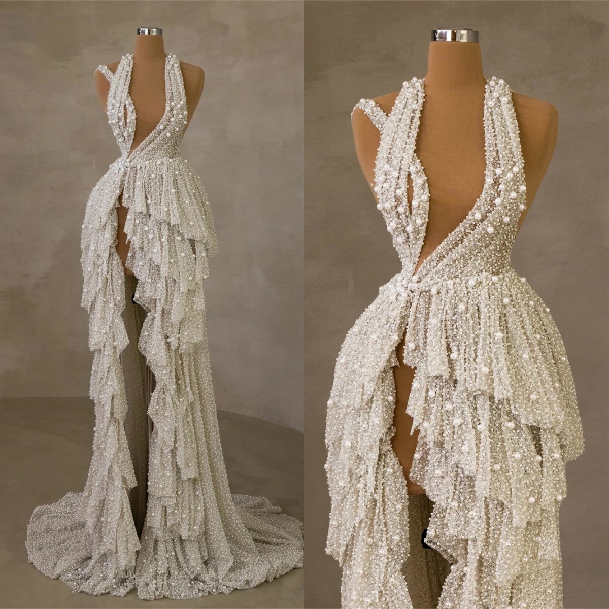 Luxurious Pearls Wedding Dress Customized Sleeveless Halter Neck Bridal Dresses Side Slit Up Vestidos De Novia