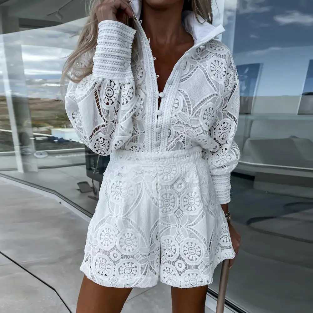 Foridol Retro Single Chest White Lace Womens Shorts Set Spring Long Sve Casual Party 2-piece Set Womens Summer SetXJ250414