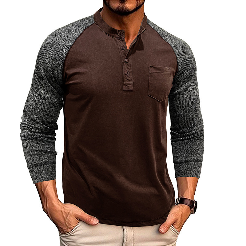 Mens round neck ribbed patchwork sleeves with raglan Henley base long sleeved mens T-shirt top tough cotton shirt for men