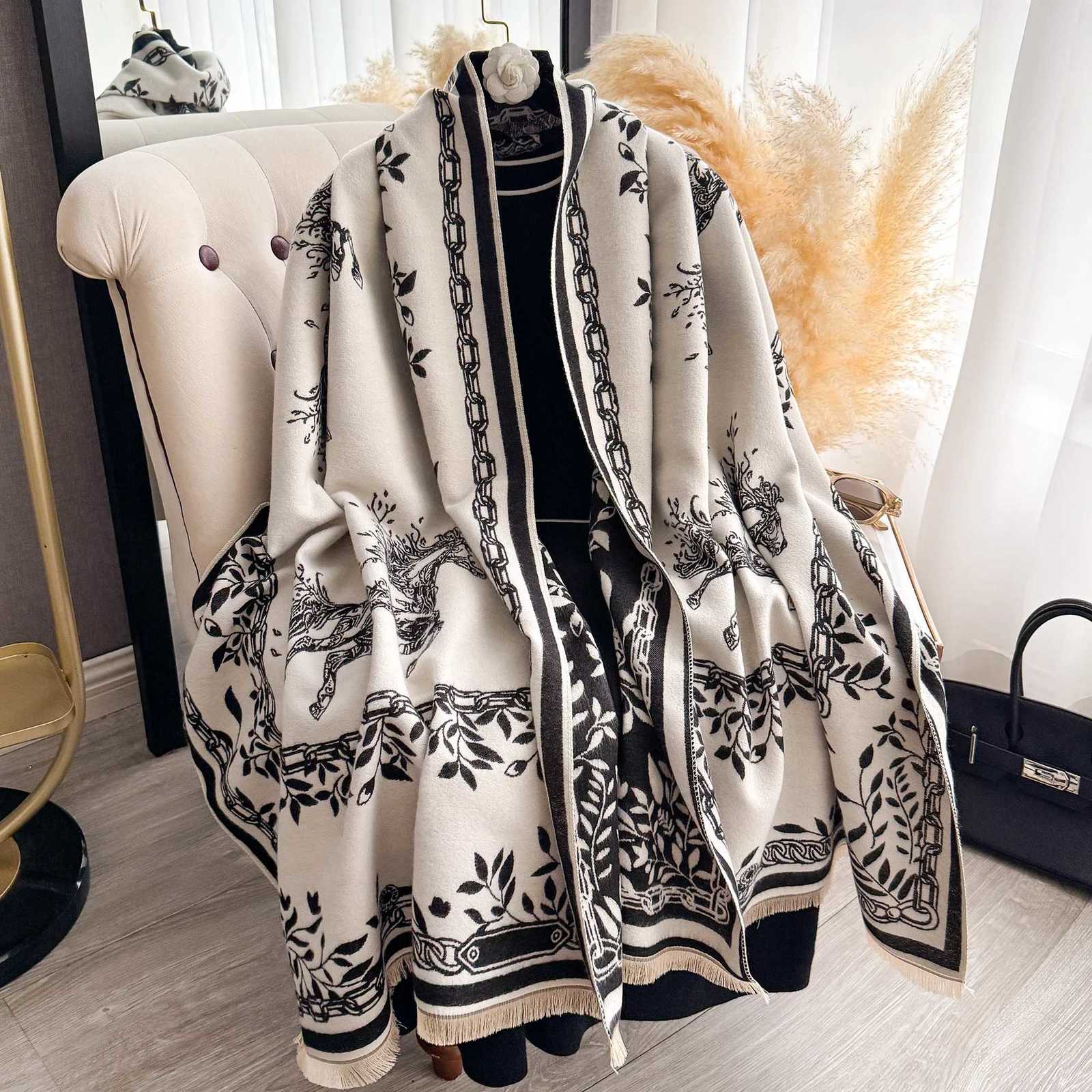 Luxury Luxury Leaf Animal Print Scarf for Women - Warmer Winter Imitation Cashmere Pashmina Scarves Thick Female Blanket Wraps Y251114