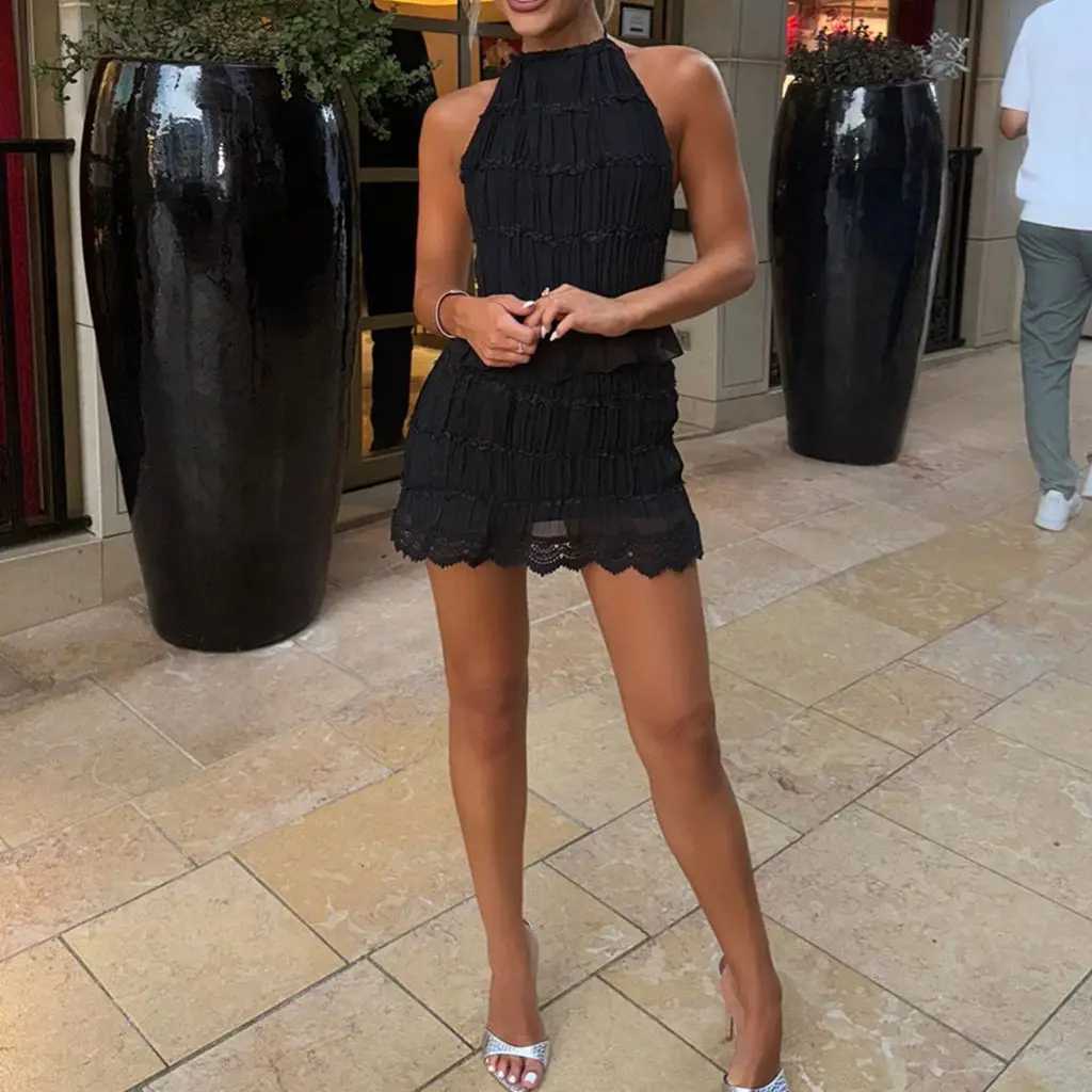 Combhasi Womens 2PCS Smoking Set Non Velvet Lace Pendant Collar Crop Camis Tank Top+High Waist Flower Lace Bottom Pencil SkirtXJ250414