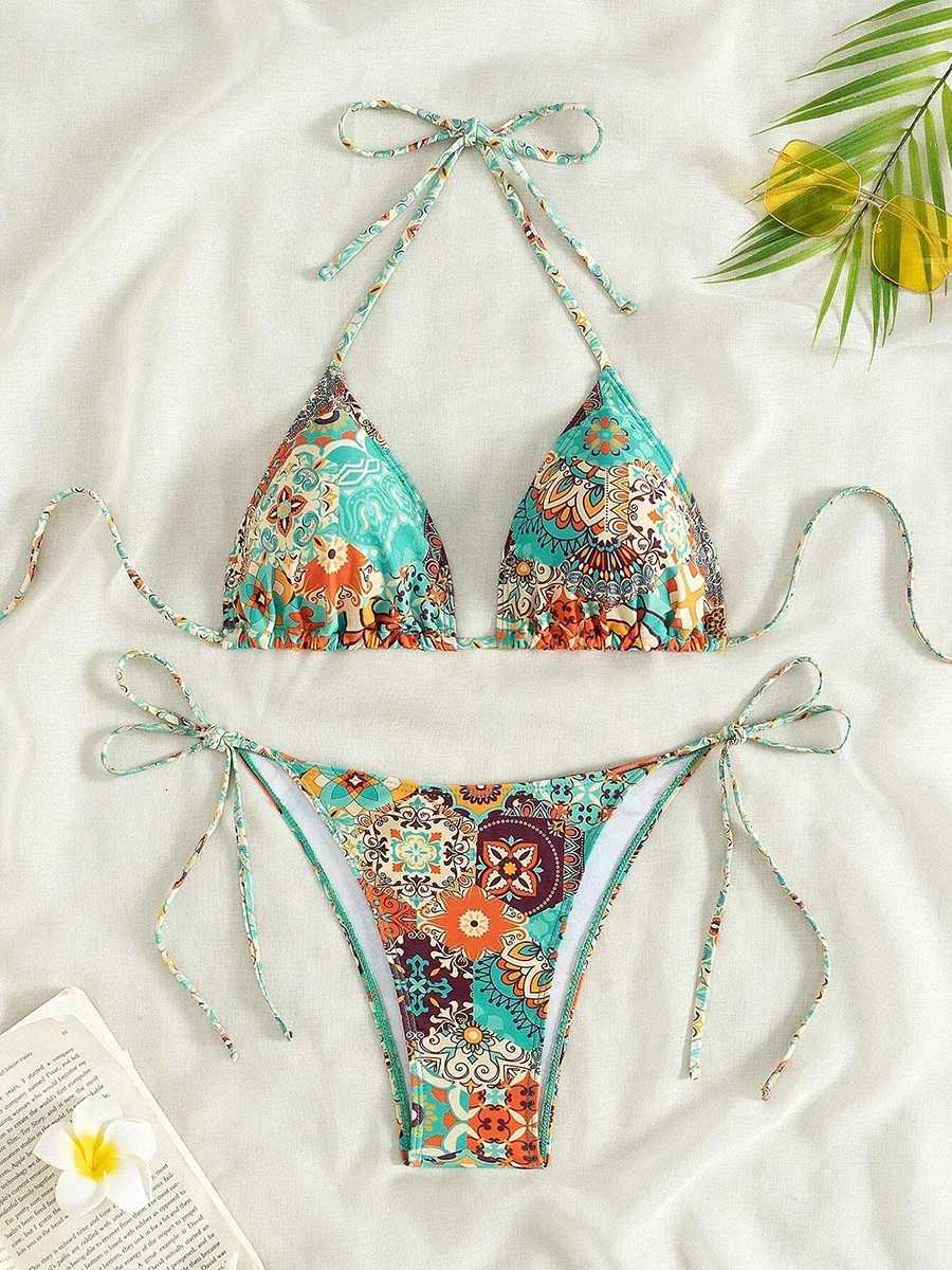 Swimsuit 2025 Female Micro Bikini Women Swimwear Summer Beachwear Womens Bathing Suit Floral Print Neck Halter Thong Bikini SetW251113