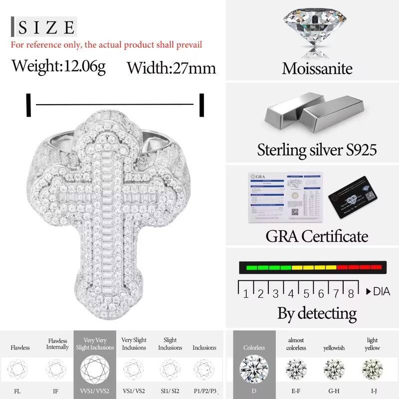 Iced Out Baguette Cut Cross S925 Silver VVS1 Moissanite Rings For Men Hip Hop Gold Jewelry