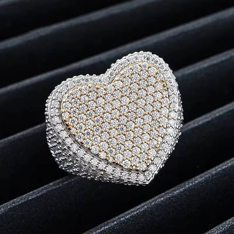 Hiphop 925 Sterling Silver Moissanite Heart ring Iced Out D Color VVS1 Moissanite Party Ring for Women