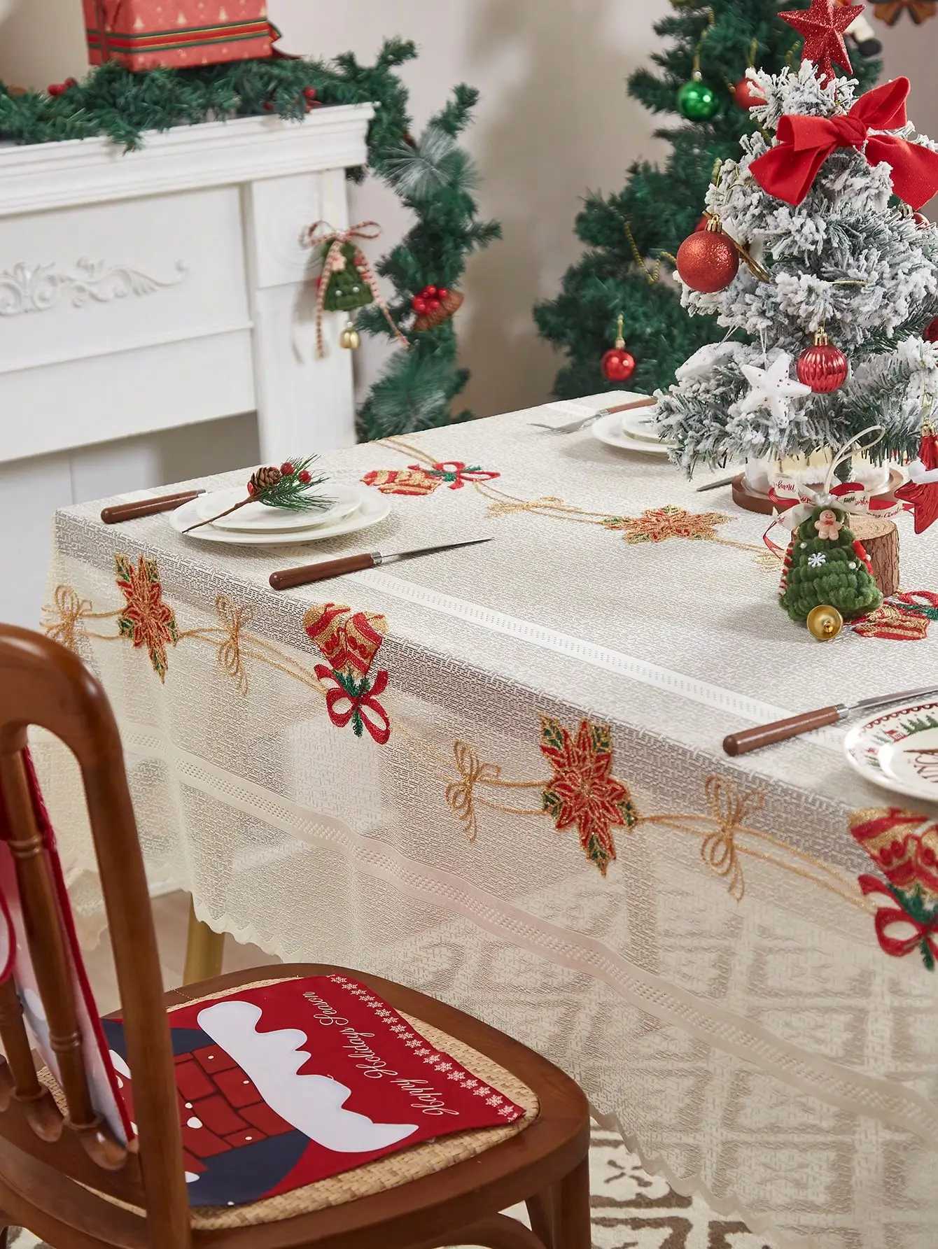 Christmas Beige Christmas Tablecloth Bell Decorations for Home - Red Plaid Christmas lace tablecloth Y251113