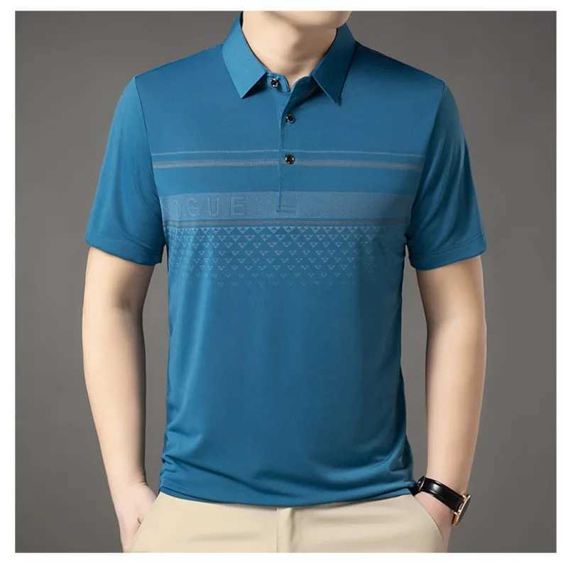Summer Mens New Polo Neck Ice Silk Loose Breathable Short Sleeve Polo Pulling Flower Triple Stripe Letter Casual Top W250414