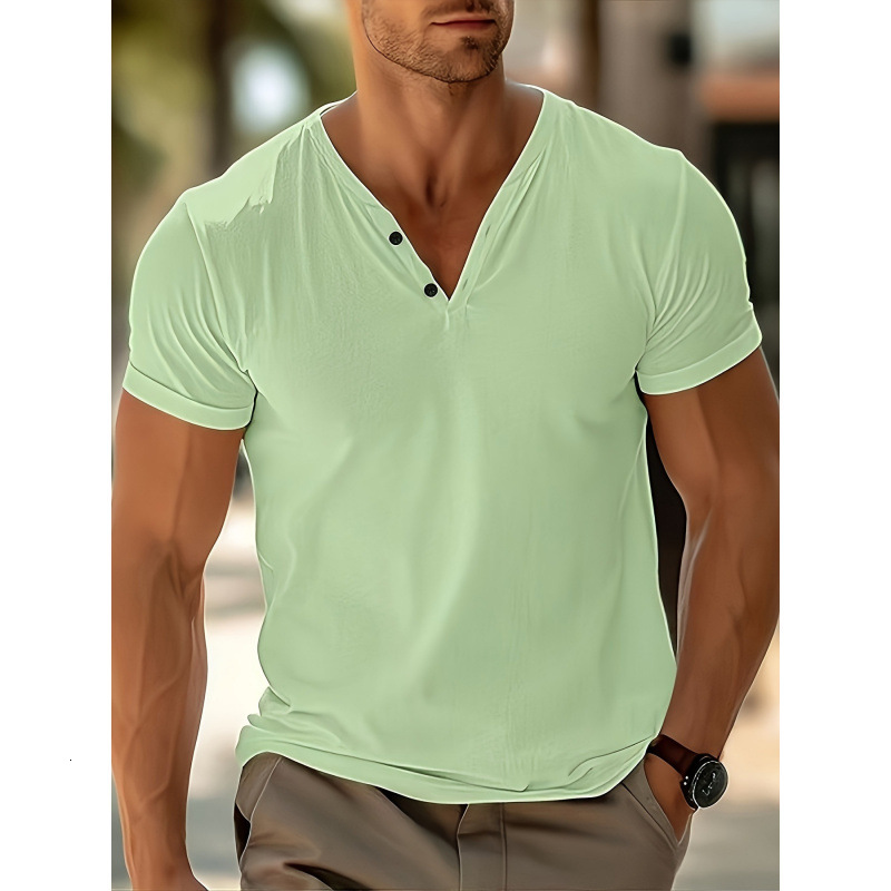 Mens solid color V-neck breathable sweat wicking casual sports lightweight regular short sleeved T-shirt