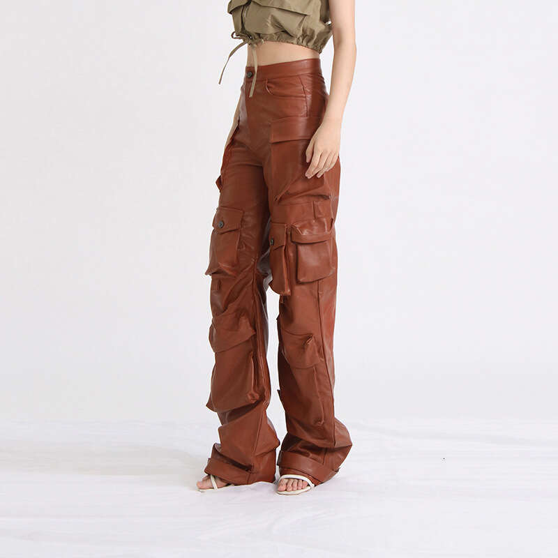 Designer Elegant High-Waist Leather Work Pants for Women Featuring Unique Patchwork Pockets - Chic & Comfortable