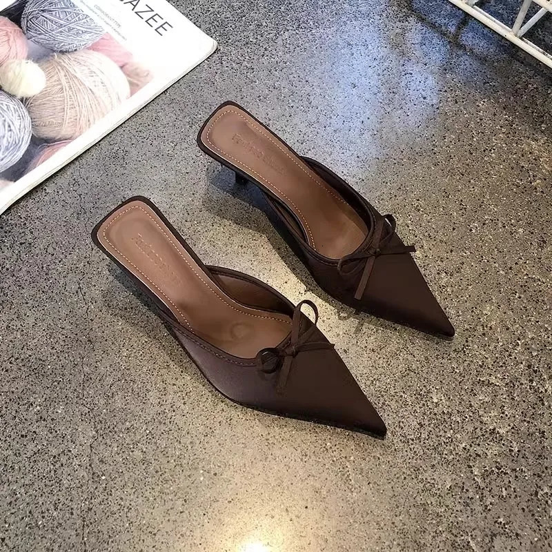 bow womens slippers summer Pointed toes sliding on womens mules thin high-heeled satin sandals Zapatos MUJI 250411